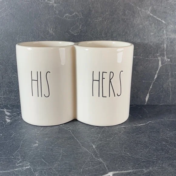 Rae Dunn Ceramic cream color HIS HERS cup for brushes - Picture 1 of 4